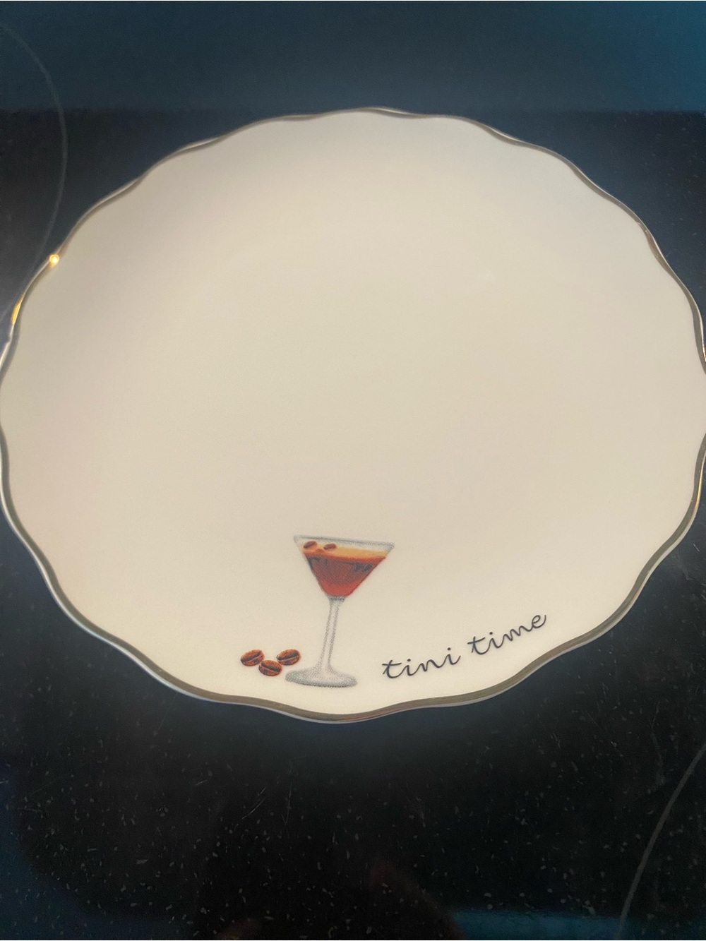 Four Godinger White Dessert Plates with Gold Trim and Martini Graphic